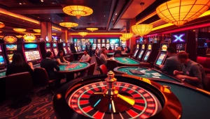 Exciting scene of players at a casino table showcasing Link 68 game bài winnings with colorful slot machines.