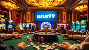 Experience thrilling gameplay at urus99 with players engaged at a poker table surrounded by colorful chips.