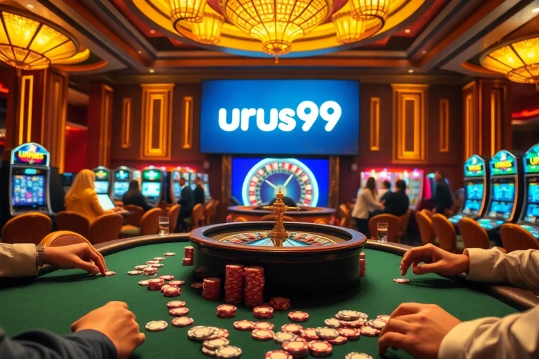 Experience thrilling gameplay at urus99 with players engaged at a poker table surrounded by colorful chips.