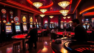Experience the vibrant atmosphere of 123B casino with lively slot machines, poker tables, and enthusiastic players.