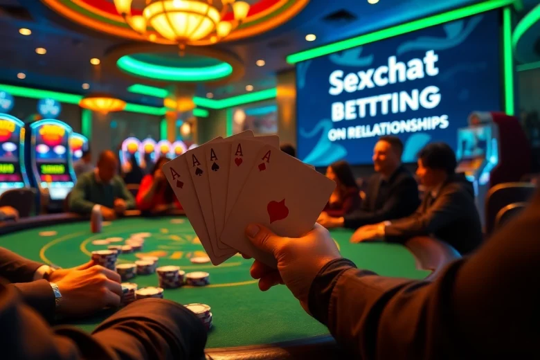 Engage with Sexchat AI while winning big at the poker table, amidst colorful chips and cards.