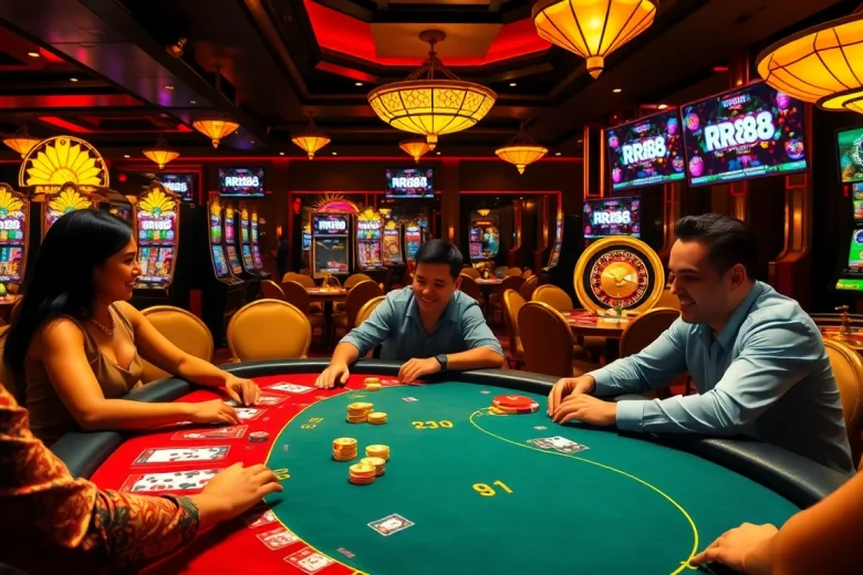 RR88 casino players enjoying poker under vibrant lighting with slot machines in the background.