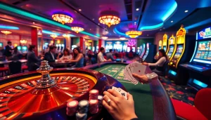 Experience the thrilling atmosphere of ketqua24.net with players engaging at a vibrant poker table, surrounded by exciting casino activities.