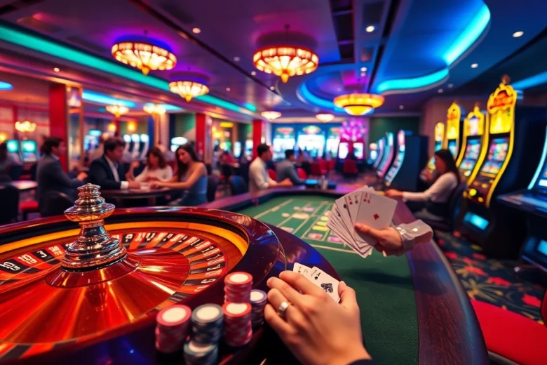 Experience the thrilling atmosphere of ketqua24.net with players engaging at a vibrant poker table, surrounded by exciting casino activities.