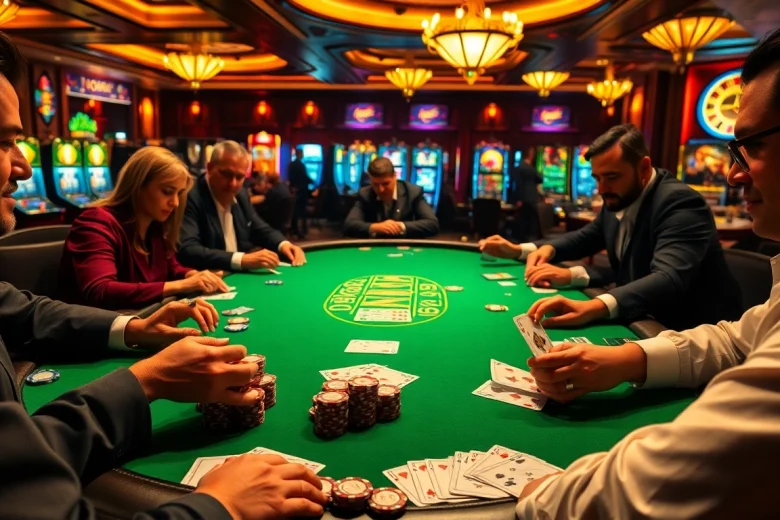 A lively poker game at https://bet88vn.locker/, showcasing players in action around a luxurious green table.