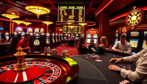Players celebrate their wins with casino scores crazy time at a festive roulette table surrounded by lively slot machines.