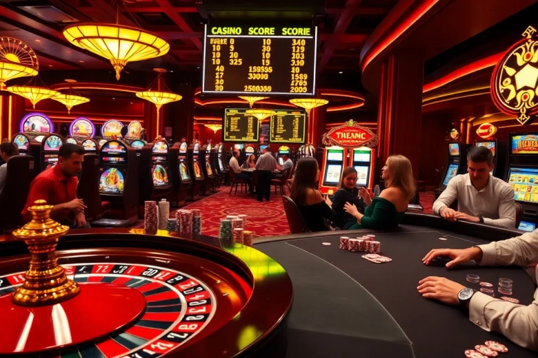 Players celebrate their wins with casino scores crazy time at a festive roulette table surrounded by lively slot machines.