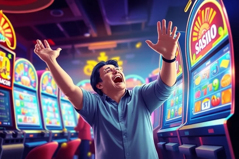 Experience the thrill of discovering a "slot gacor" machine that pays out big wins amidst a vibrant casino atmosphere.