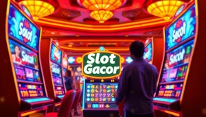 Exciting online casino scene showcasing players engaging with "Slot Gacor" machines, exuding thrill and joy.