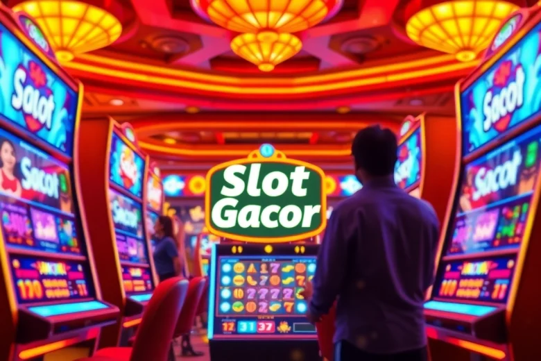 Exciting online casino scene showcasing players engaging with "Slot Gacor" machines, exuding thrill and joy.