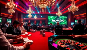 Supertkb88 players feeling the thrill of poker at a high-stakes table in a vibrant casino atmosphere.