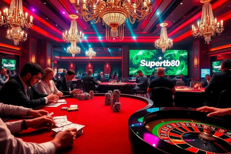 Supertkb88 players feeling the thrill of poker at a high-stakes table in a vibrant casino atmosphere.