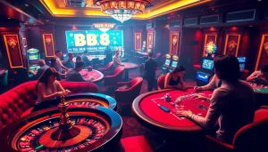 FB88 casino scene with players at poker and roulette tables, showcasing excitement in gambling.