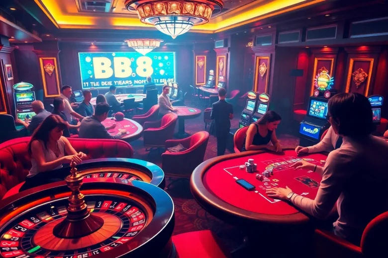 FB88 casino scene with players at poker and roulette tables, showcasing excitement in gambling.