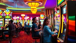 Excited players engaged in various game slot machines at a vibrant casino.