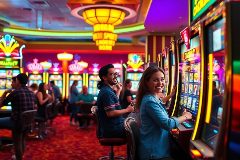 Excited players engaged in various game slot machines at a vibrant casino.